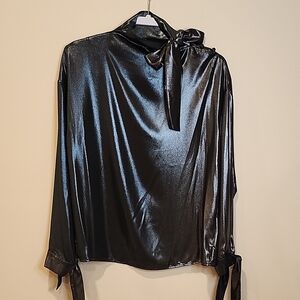 Chic Black Satin Blouse with Bow Detail